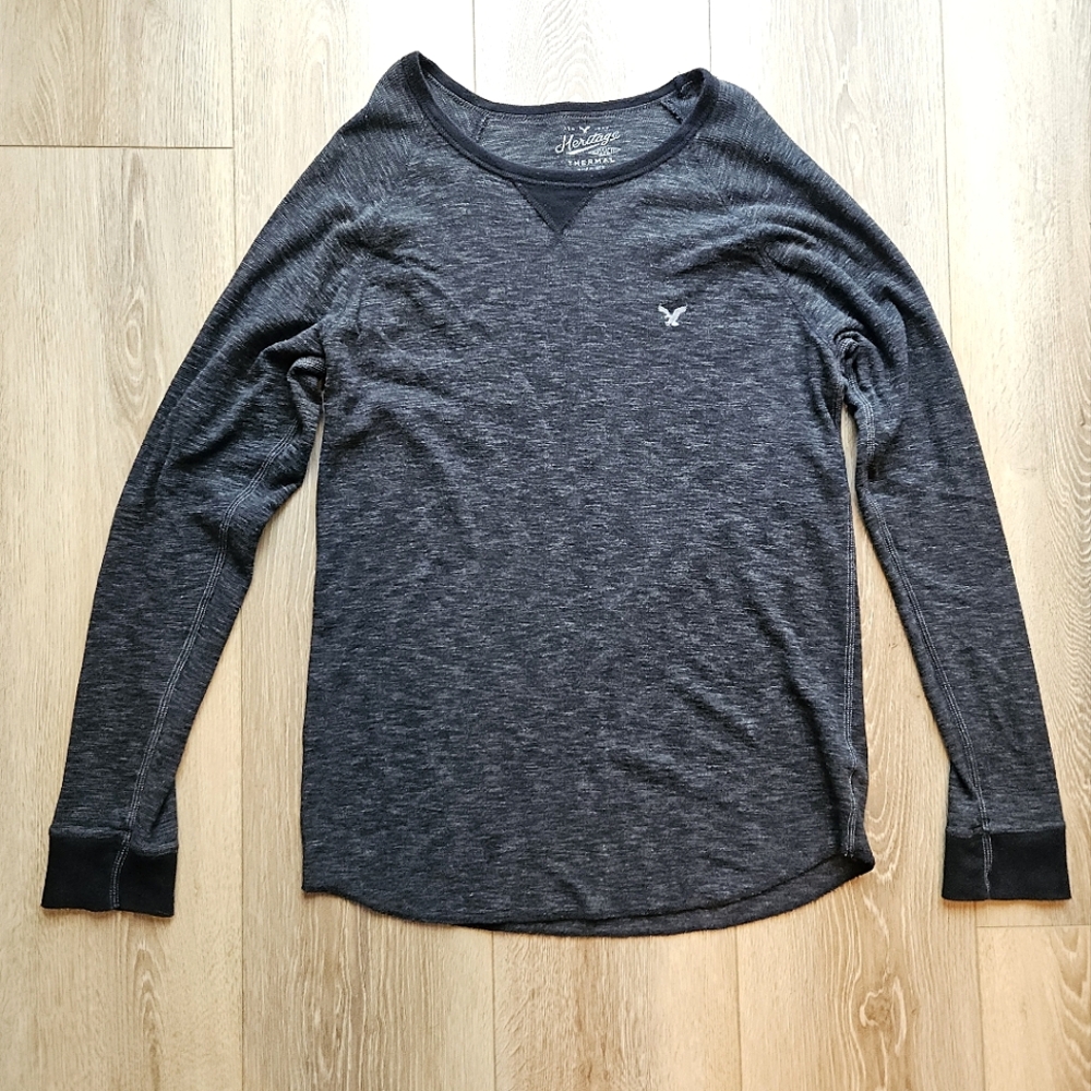 Like New American Eagle Charcoal Gray Black Long Sleeve Crewneck Thermal Sweater